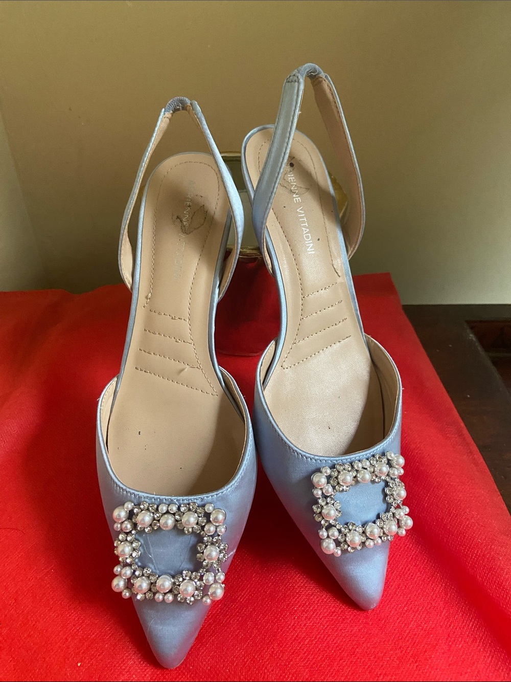 Adrienne Vittadini Powder Blue Pearl Buckle Pointed Slingbacks